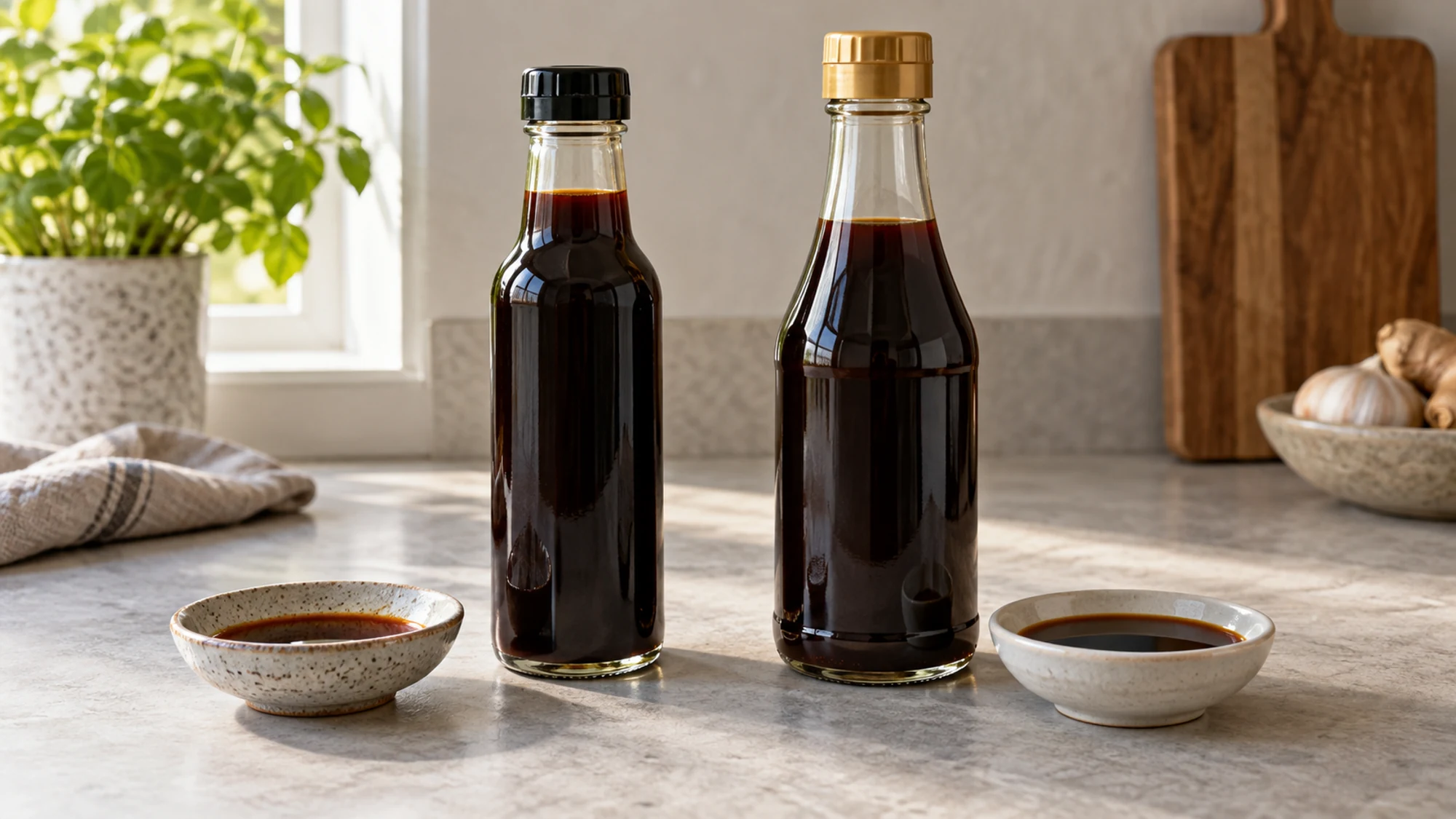 Two unlabeled bottles of dark sauce with separate dipping dishes on a counter