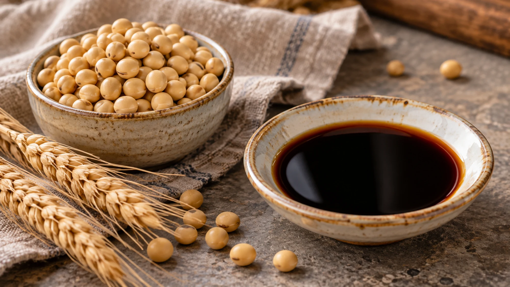 Soybeans and wheat heads beside a dish of dark soy sauce as ingredient context