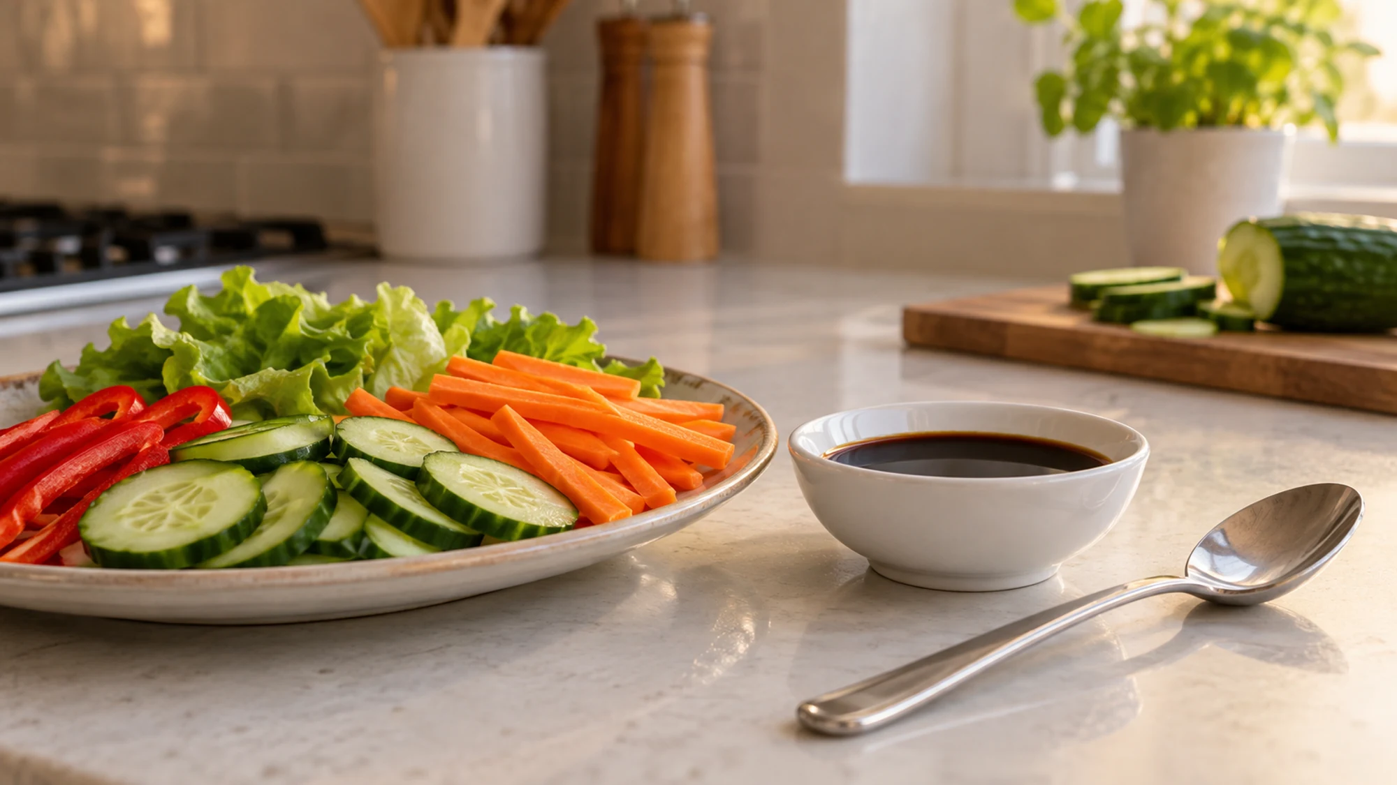 Clean spoon beside a separate small portion of soy sauce and fresh vegetables