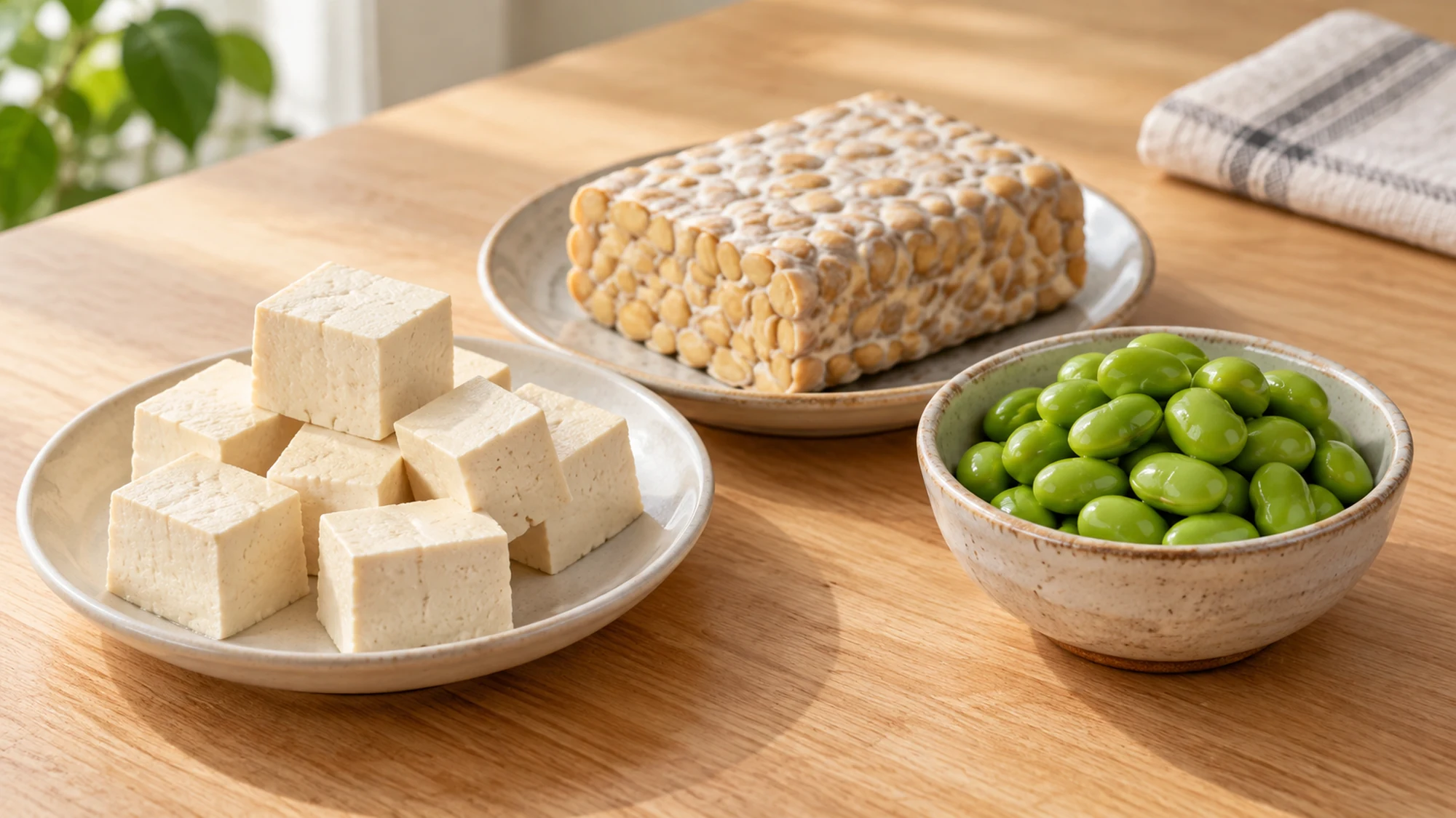 Tofu cubes, tempeh and shelled edamame arranged as different soy foods