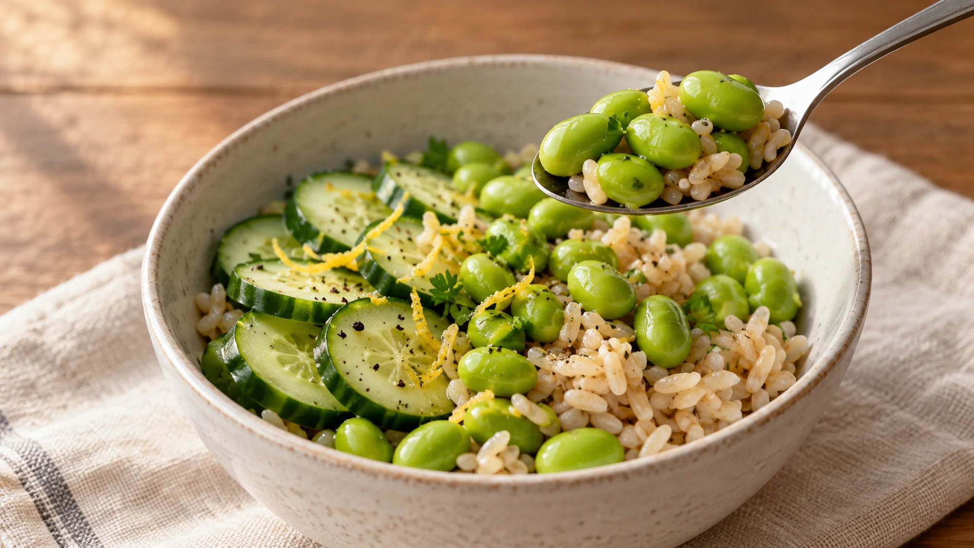 Spoon lifting edamame and rice above a bowl with sliced cucumber