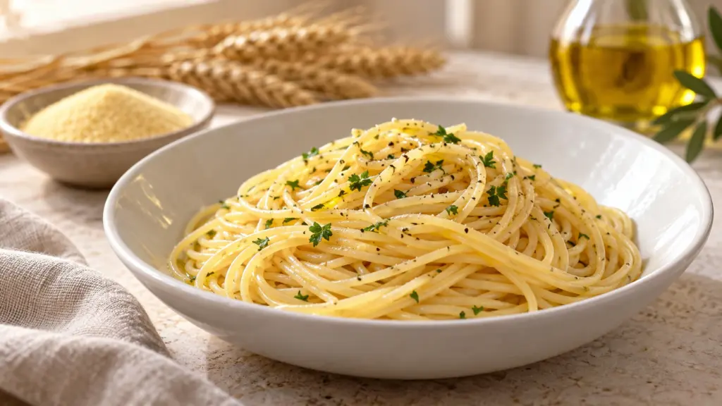 Cooked golden spaghetti beside semolina and durum wheat ears