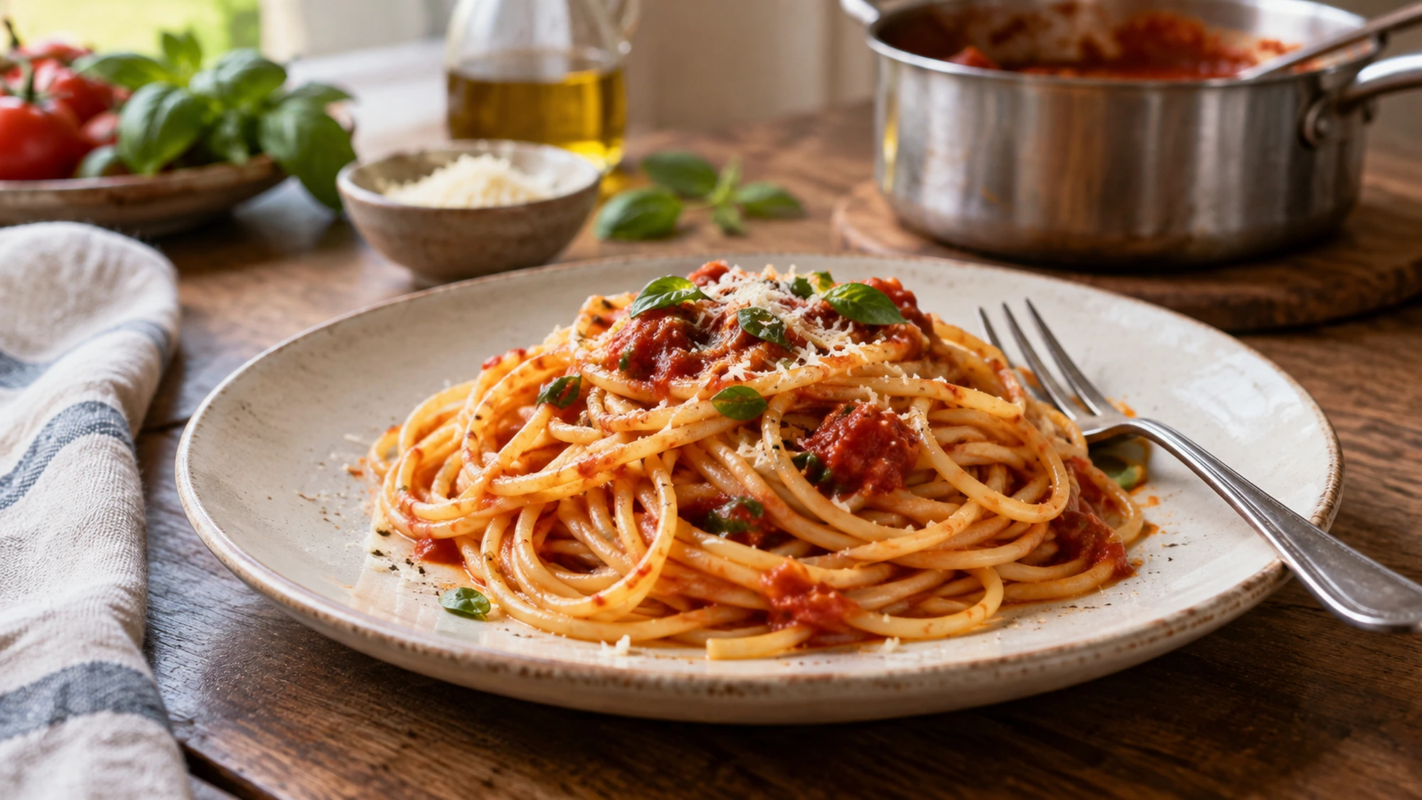 Cooked spaghetti lightly coated in tomato sauce on a ceramic plate