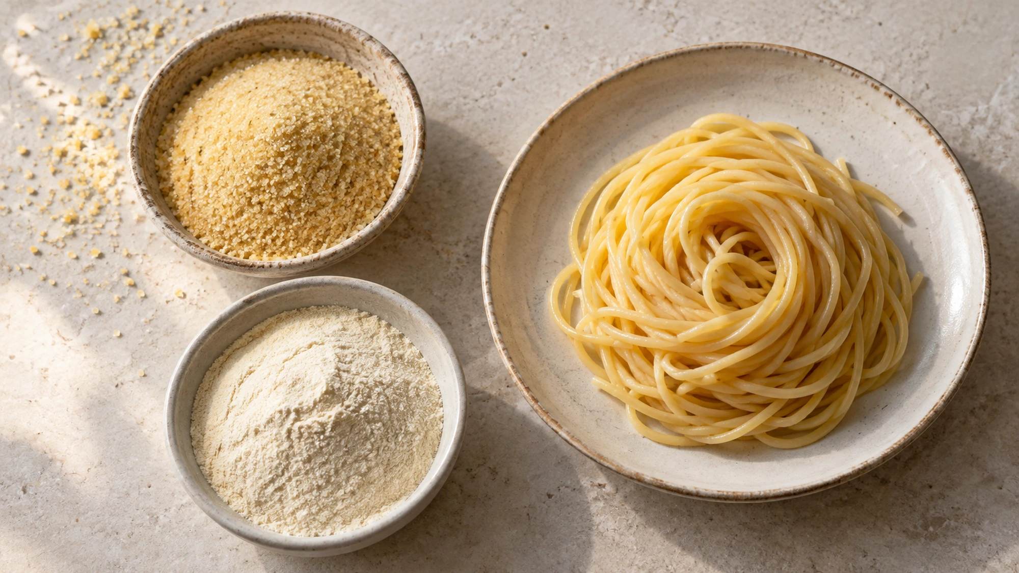 Coarse durum semolina and fine flour beside a plate of cooked spaghetti