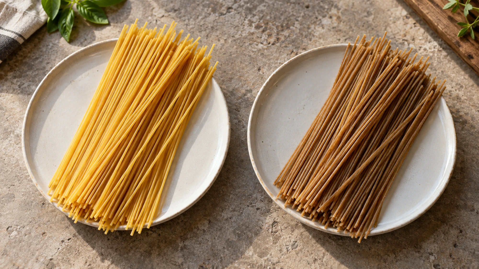 Golden refined spaghetti and darker whole-wheat spaghetti on separate plates