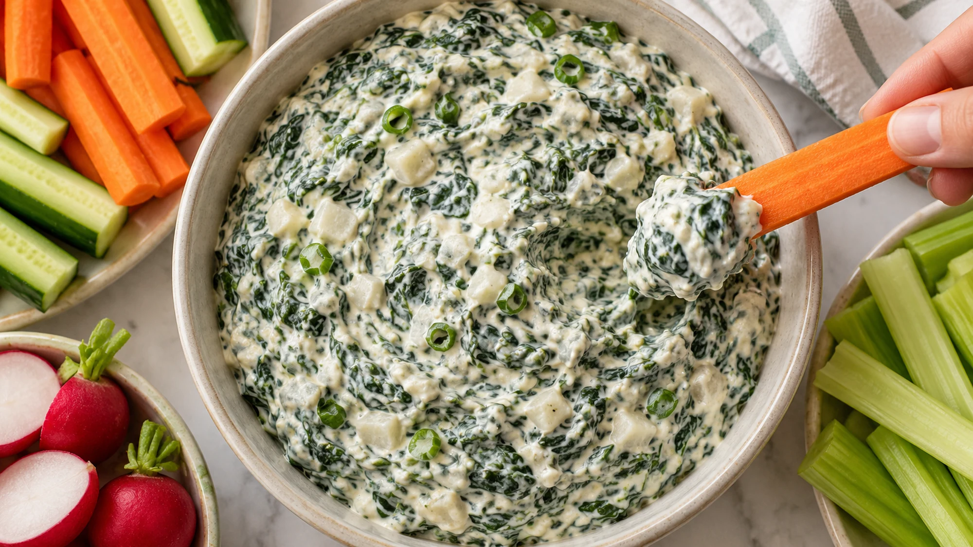 Overhead view of spinach dip recipe showing a thick creamy spinach dip holding on a cucumber or carrot stick