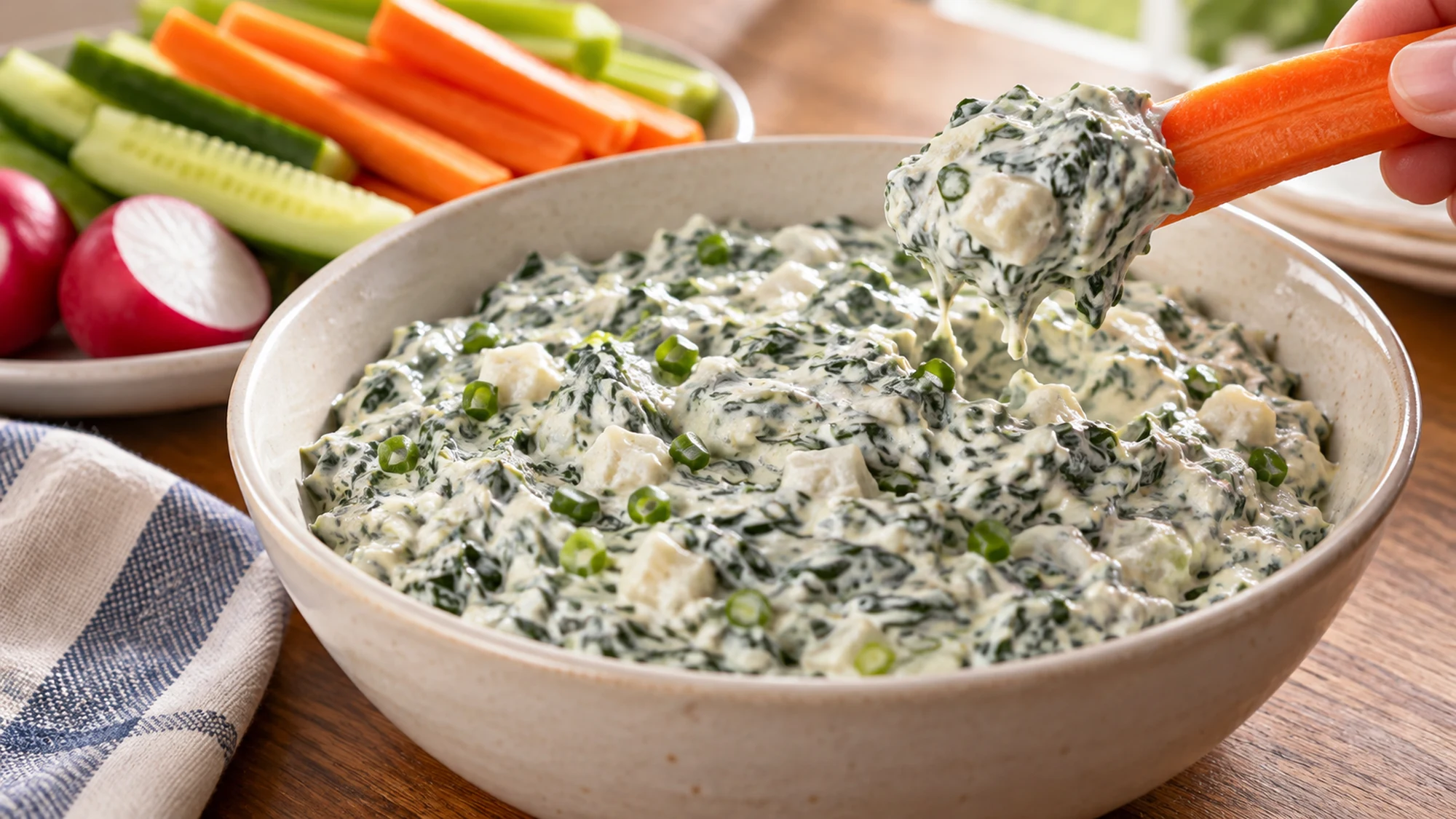 Close serving view of spinach dip recipe showing a thick creamy spinach dip holding on a cucumber or carrot stick