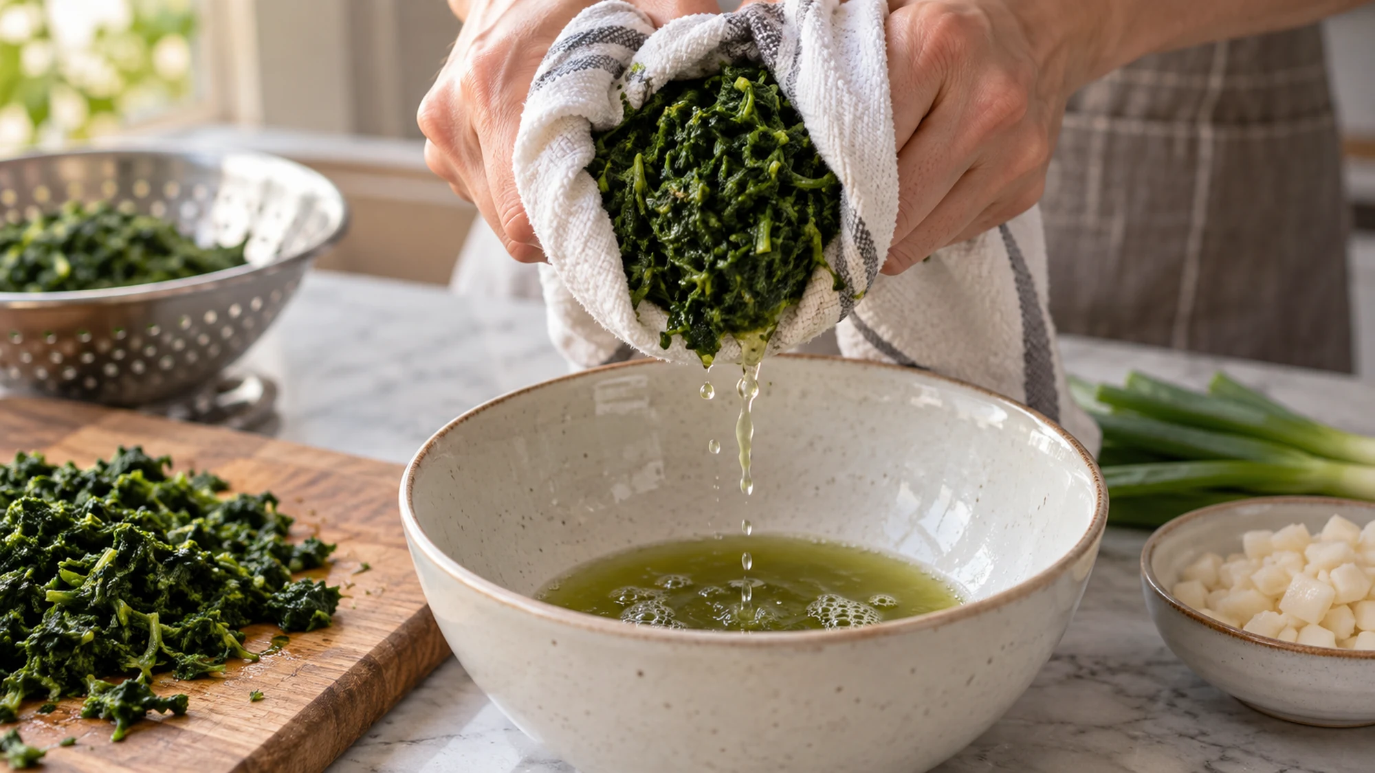 Cooked spinach squeezed in a clean towel to remove water before mixing spinach dip