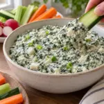 spinach dip recipe showing a thick creamy spinach dip holding on a cucumber or carrot stick