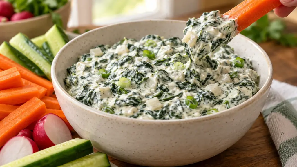 spinach dip recipe showing a thick creamy spinach dip holding on a cucumber or carrot stick