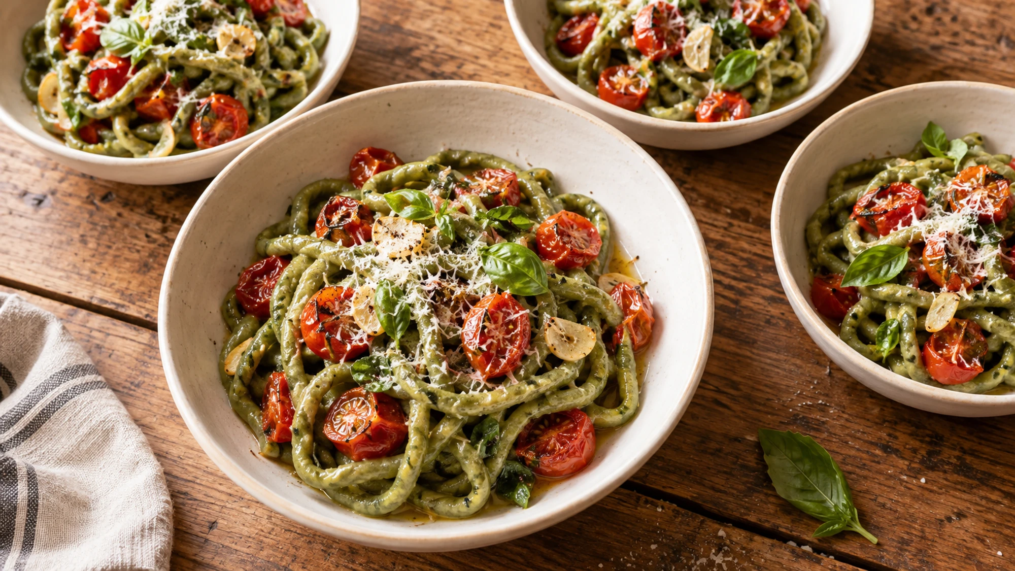 Spinach pici pasta with cherry tomatoes and basil in individual bowls.