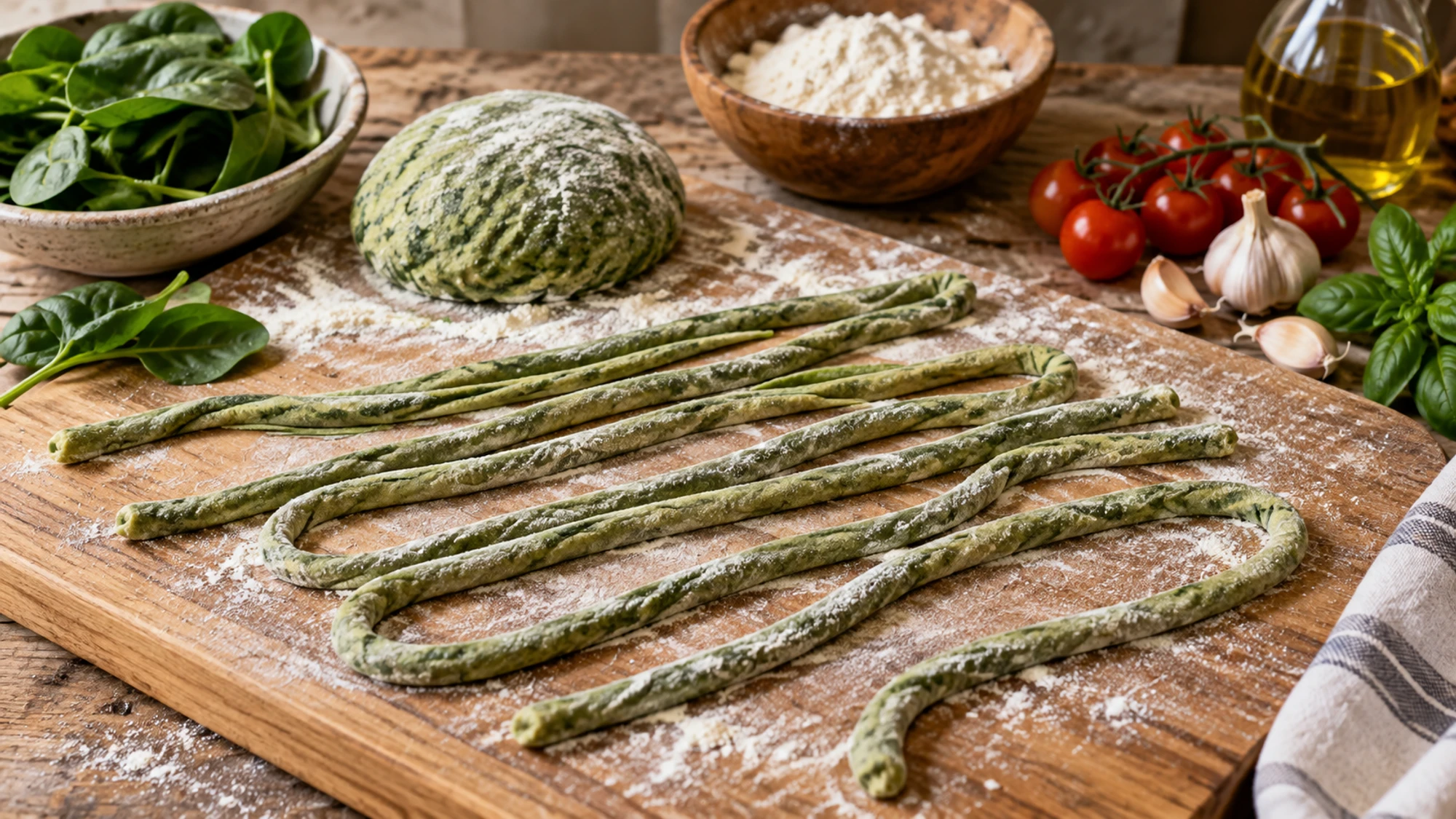 Green spinach pici ropes and dough on a lightly floured board.