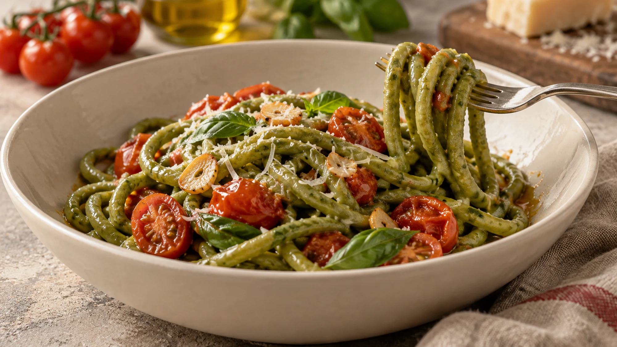 A fork lifts green spinach pici above a bowl of tomatoes and Parmesan.