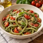 A square view of spinach pici pasta with blistered cherry tomatoes and basil.