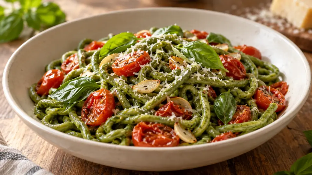 Green spinach pici pasta with blistered cherry tomatoes, garlic, basil and grated Parmesan in a shallow bowl.
