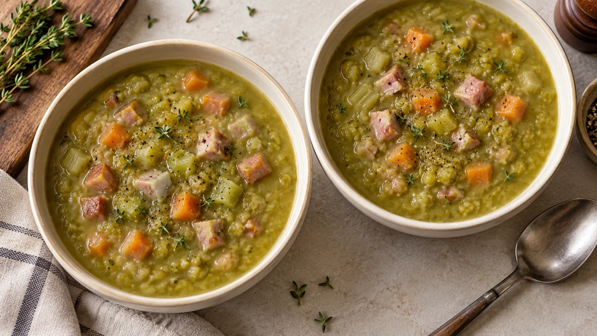 Two bowls of split pea soup with ham seen from above.