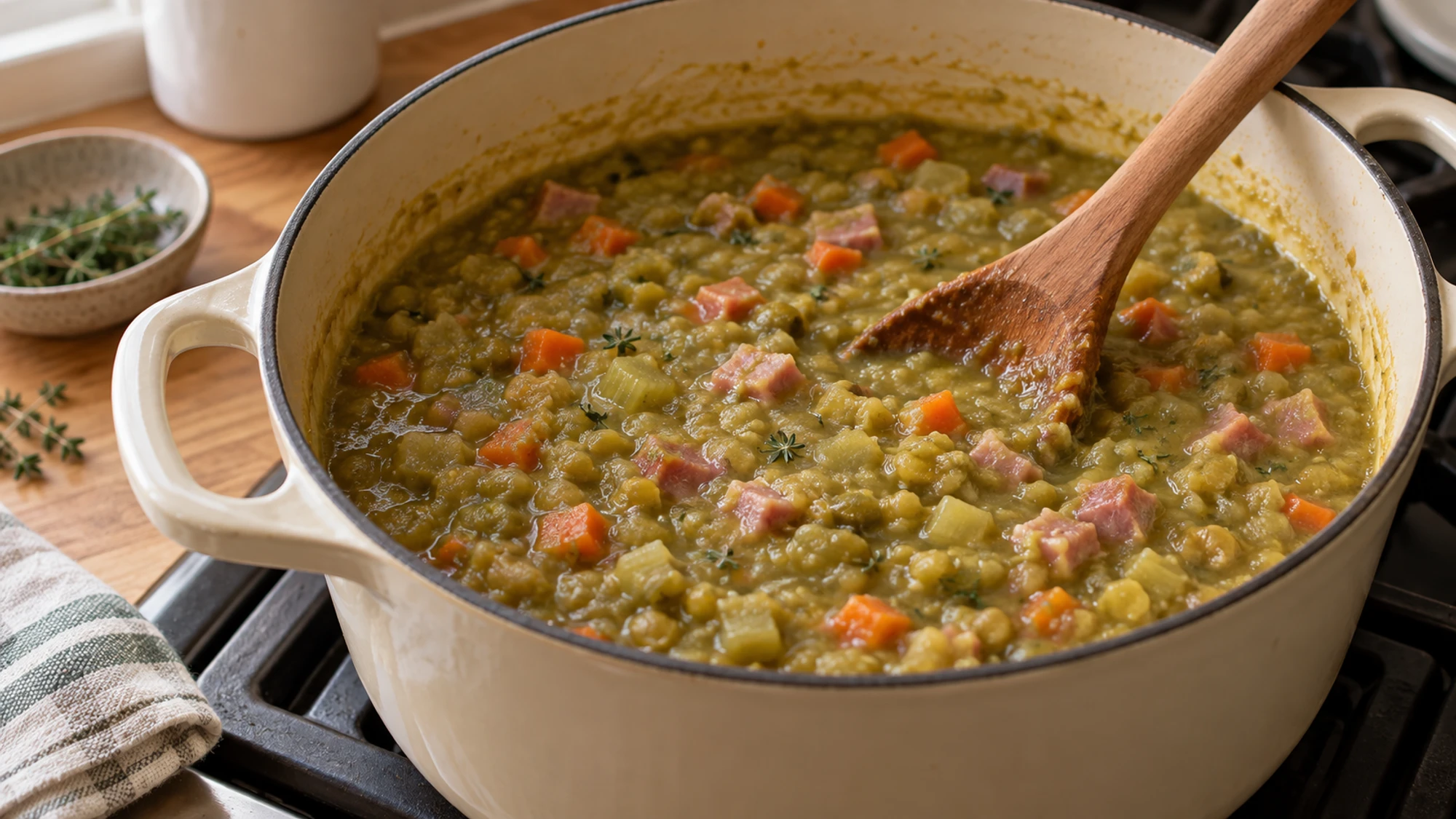 Split peas, ham and vegetables simmered into thick soup in a heavy pot.