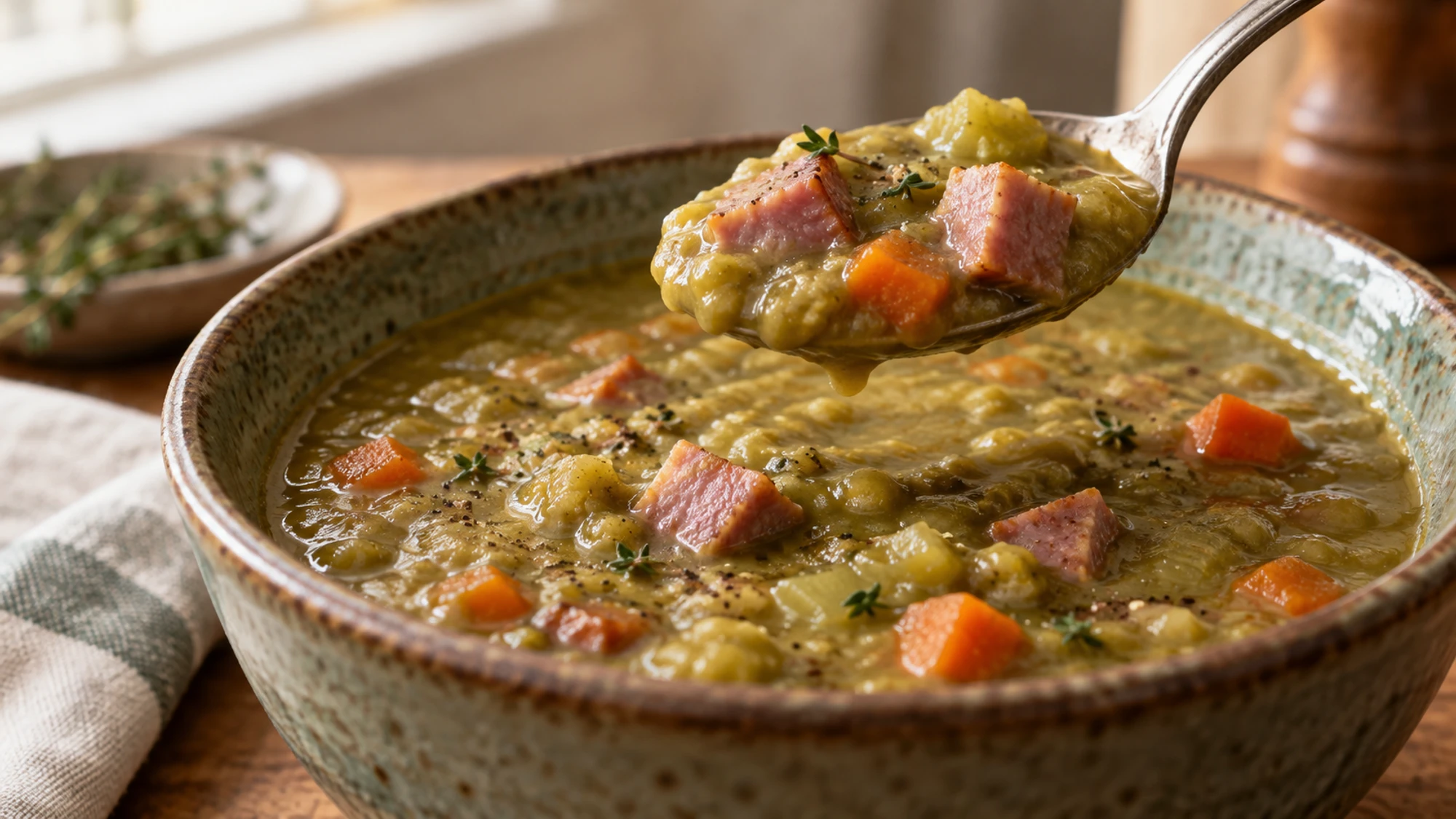 A spoon lifting split pea soup with diced ham and carrot.