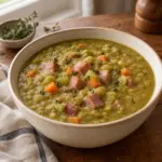 Square image of split pea soup with ham in a shallow cream bowl.