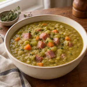 Square image of split pea soup with ham in a shallow cream bowl.