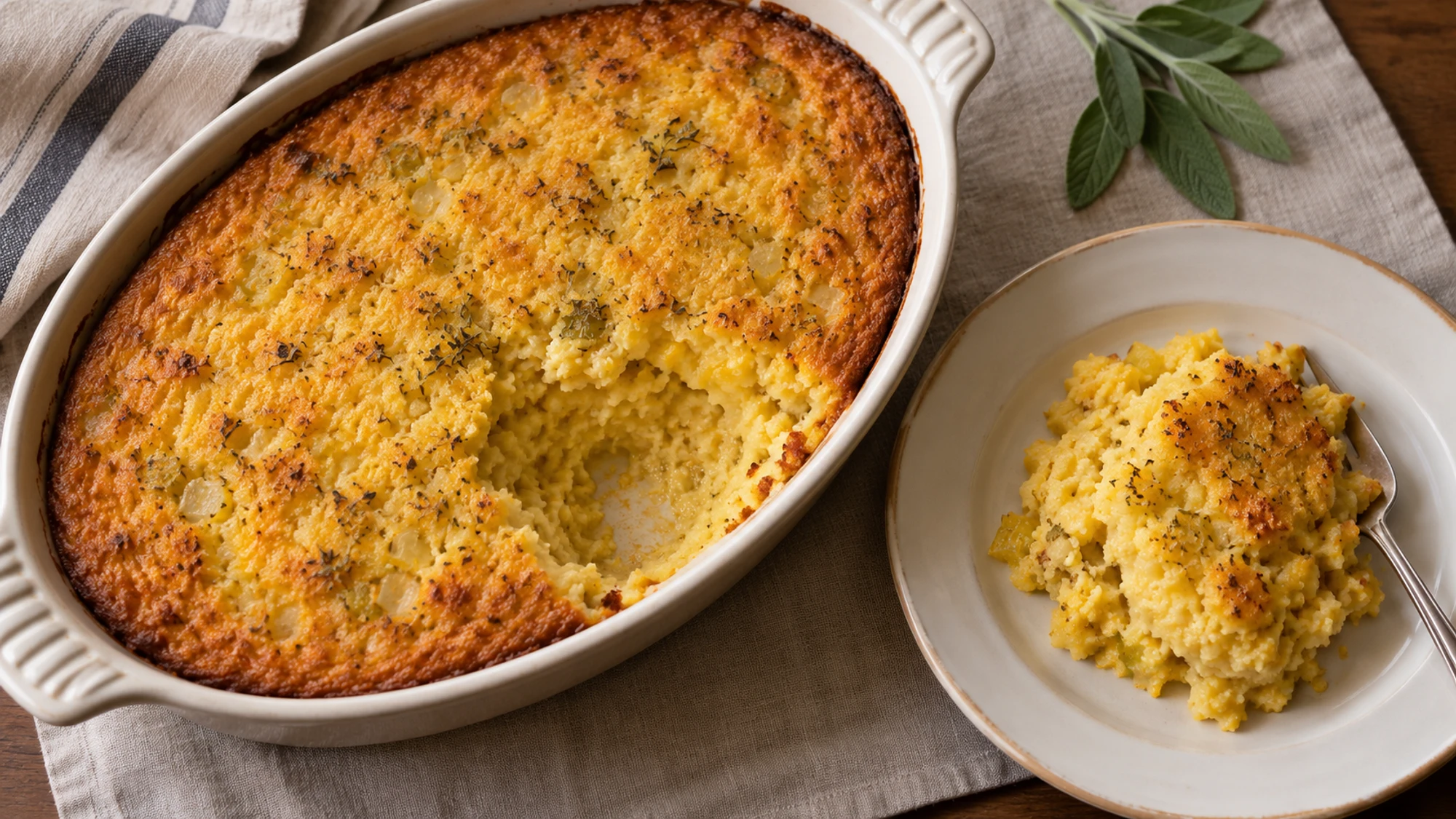 Spoonbread dressing served from an oval baking dish onto a plate.