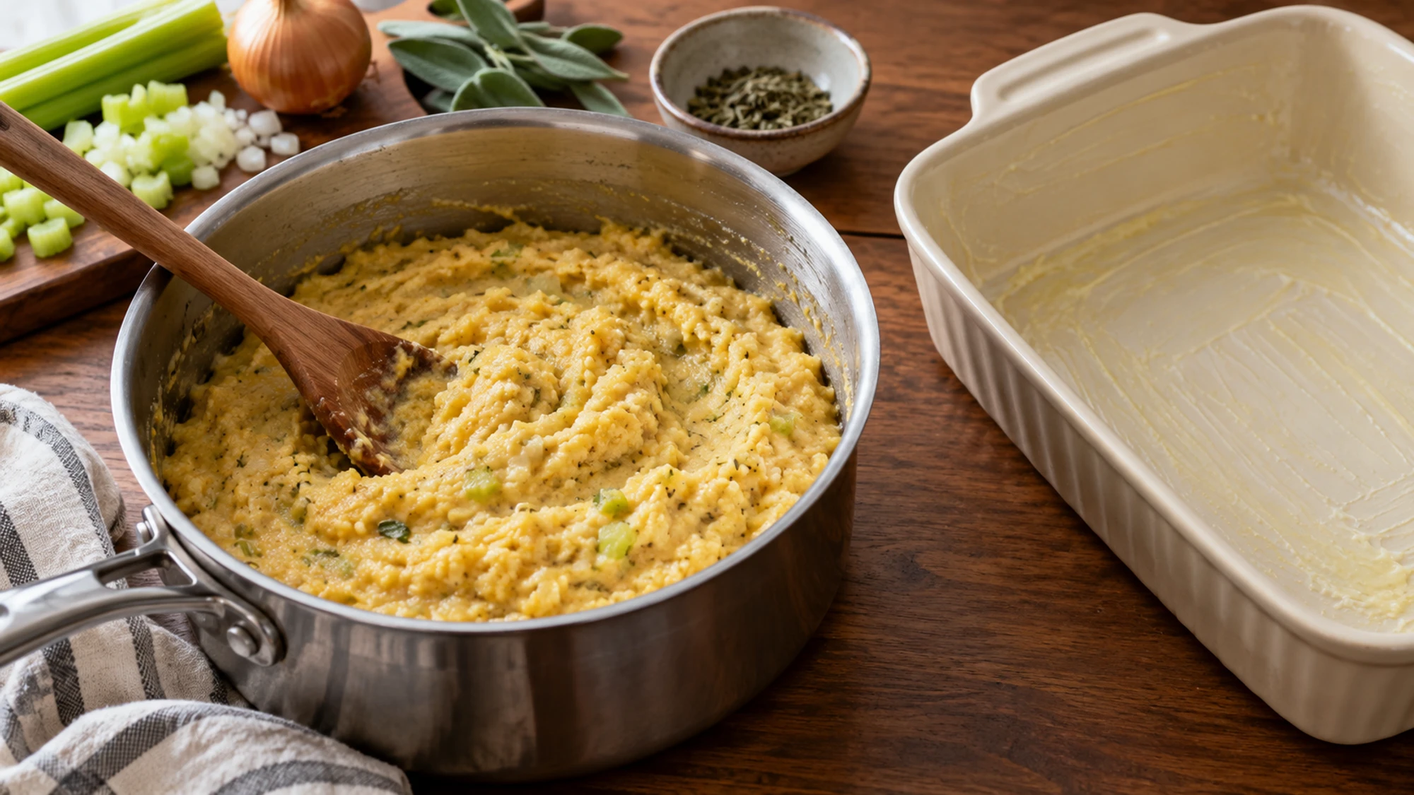 Thick cooked cornmeal with onion, celery and sage in a saucepan beside a greased baking dish.