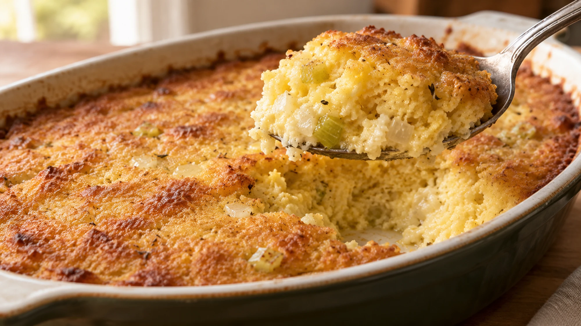 A spoonful of soft spoonbread dressing showing onion and celery flecks.