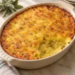 Square view of savory spoonbread dressing with a spooned edge.