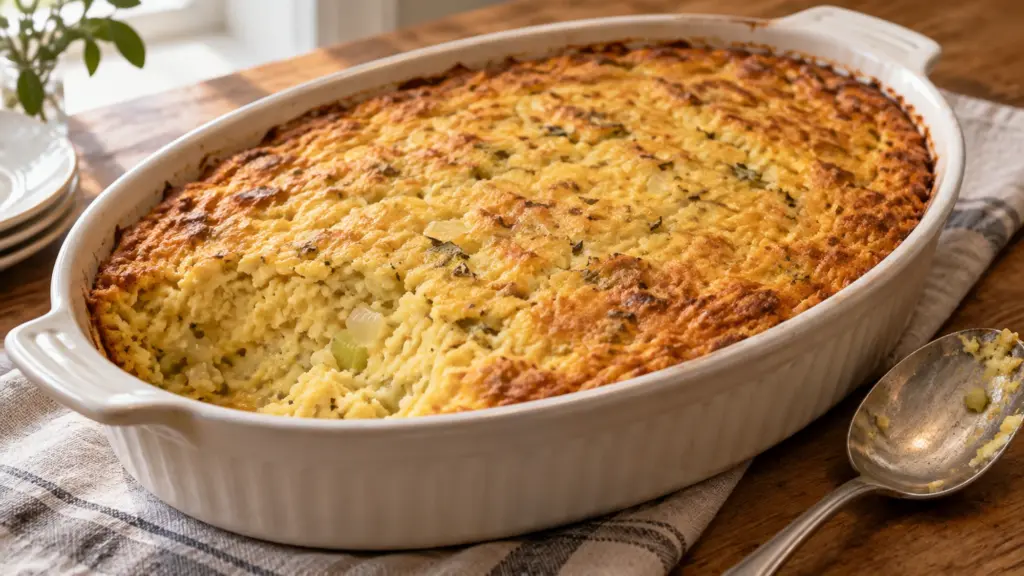 Savory spoonbread dressing with a lightly golden top and a soft yellow interior in an oval dish.
