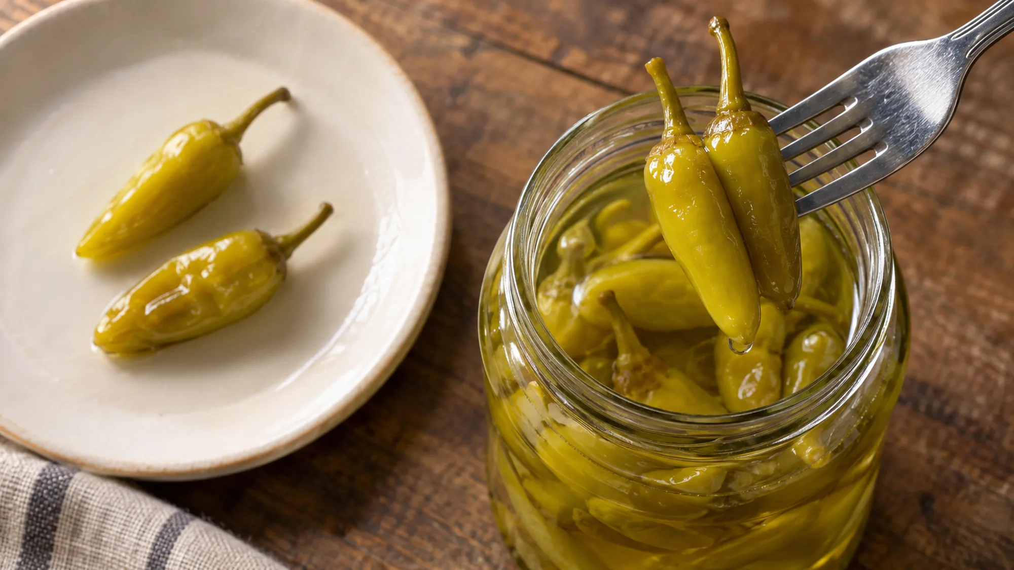 A fork lifting a whole pickled sport pepper from a glass jar