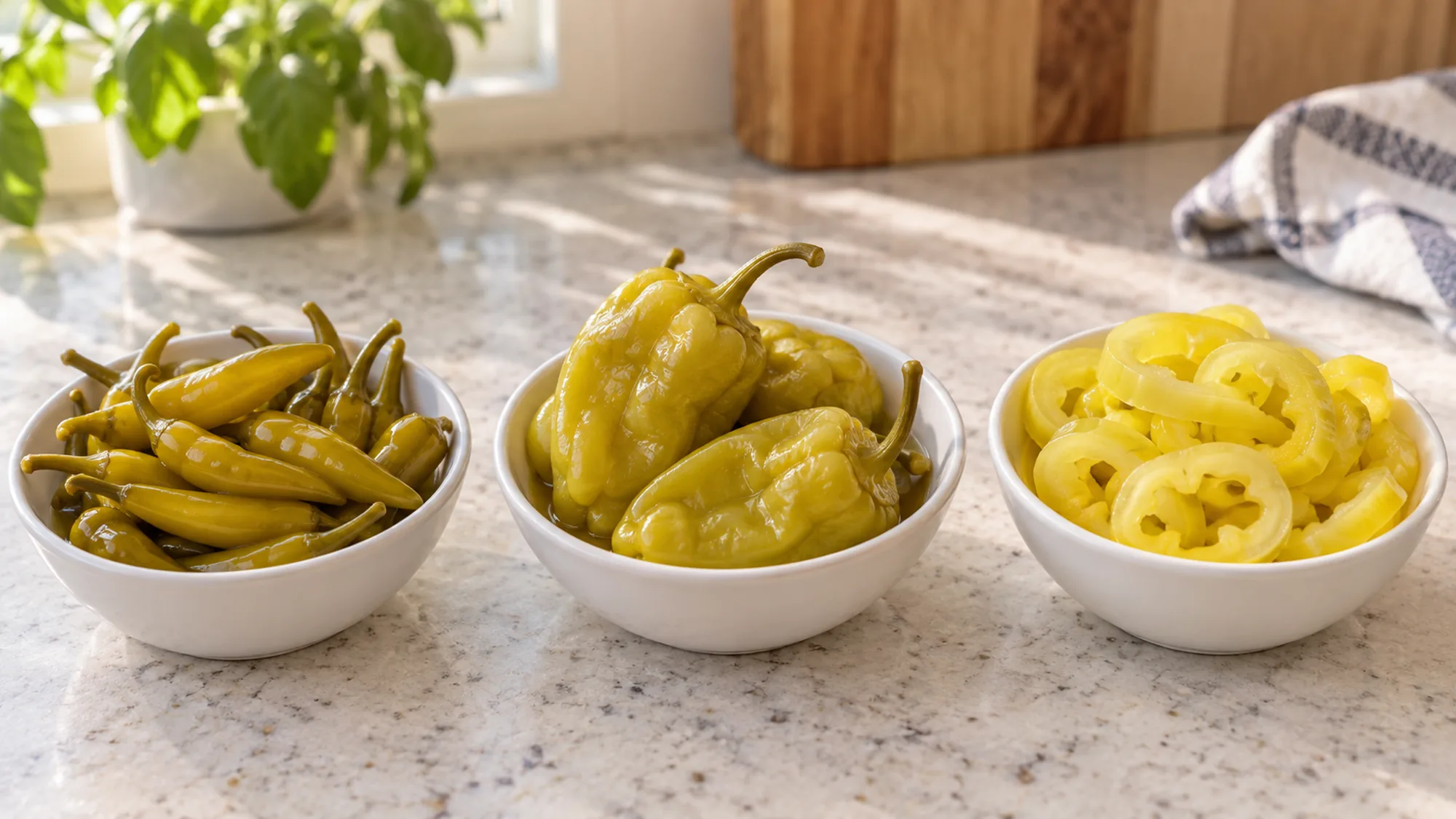 Sport peppers, larger pepperoncini and mild banana-pepper rings in separate bowls