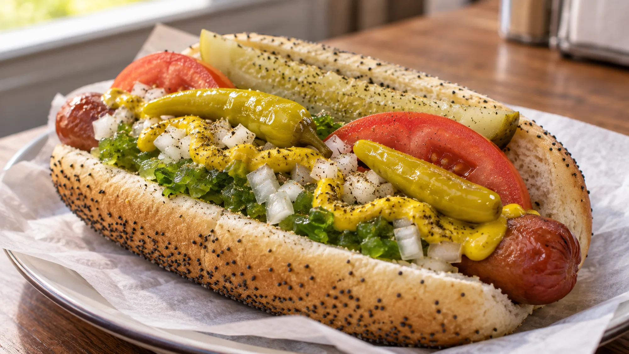 Chicago-style hot dog topped with mustard, vegetables and two sport peppers