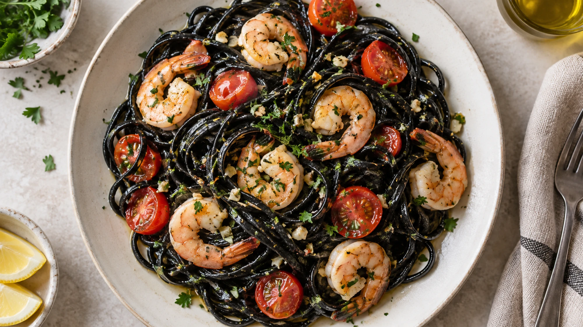 Overhead plate of black squid ink pasta, shrimp and halved cherry tomatoes.