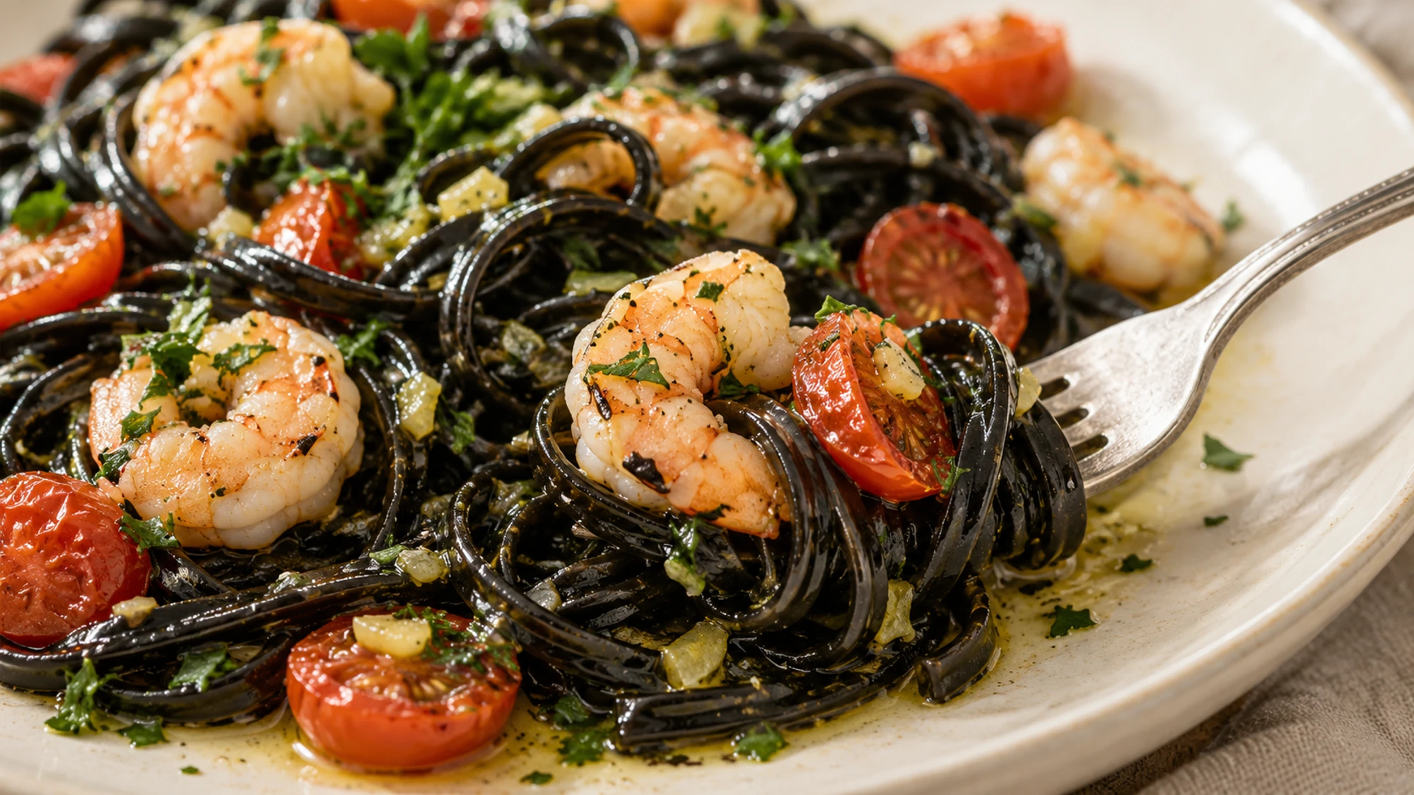 Fork with squid ink linguine beside shrimp and softened cherry tomatoes.