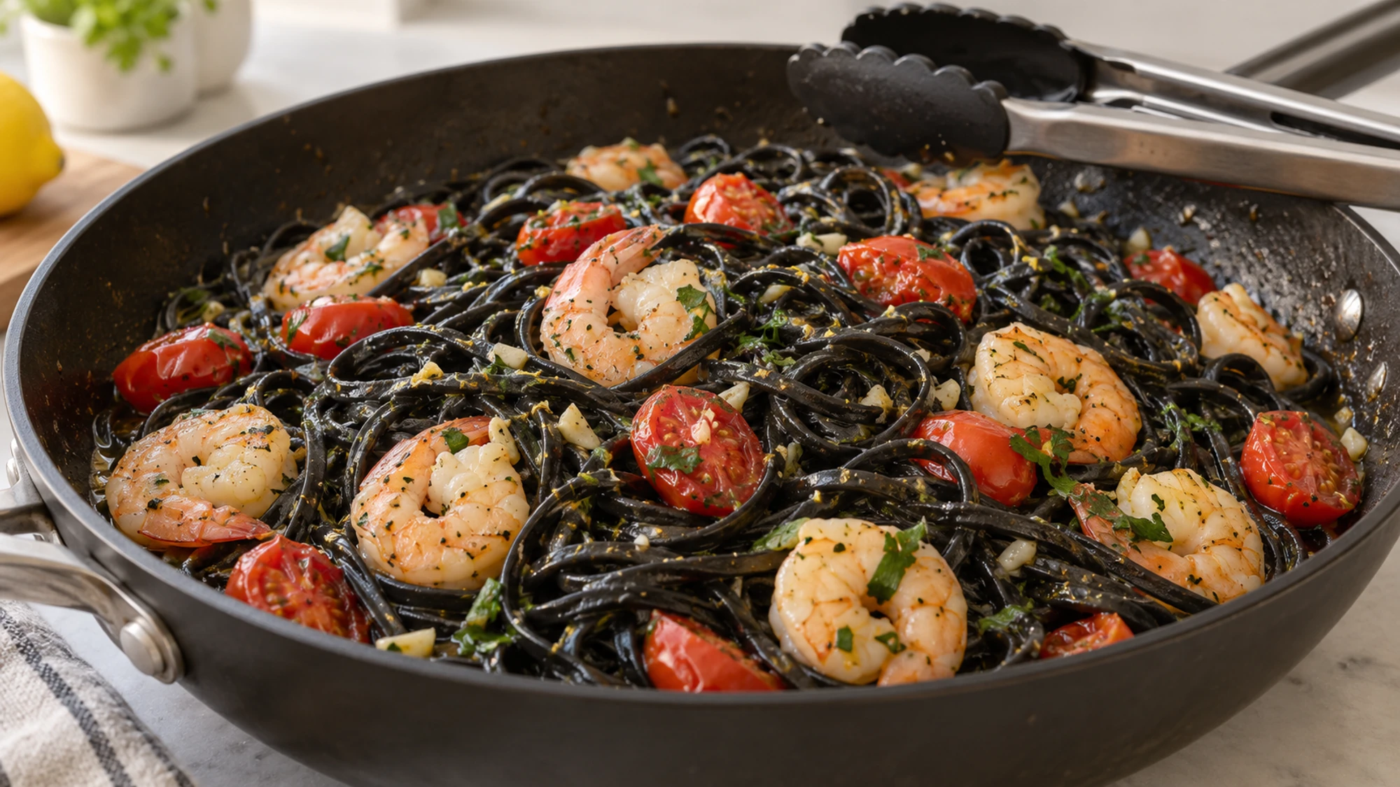 Squid ink pasta tossed with shrimp, cherry tomatoes and parsley in a skillet.
