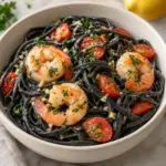 Square view of squid ink linguine, pink shrimp and red cherry tomatoes in a cream bowl.
