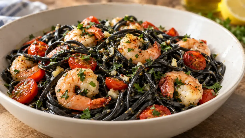 Squid ink linguine with shrimp, cherry tomatoes and parsley in a shallow cream bowl.