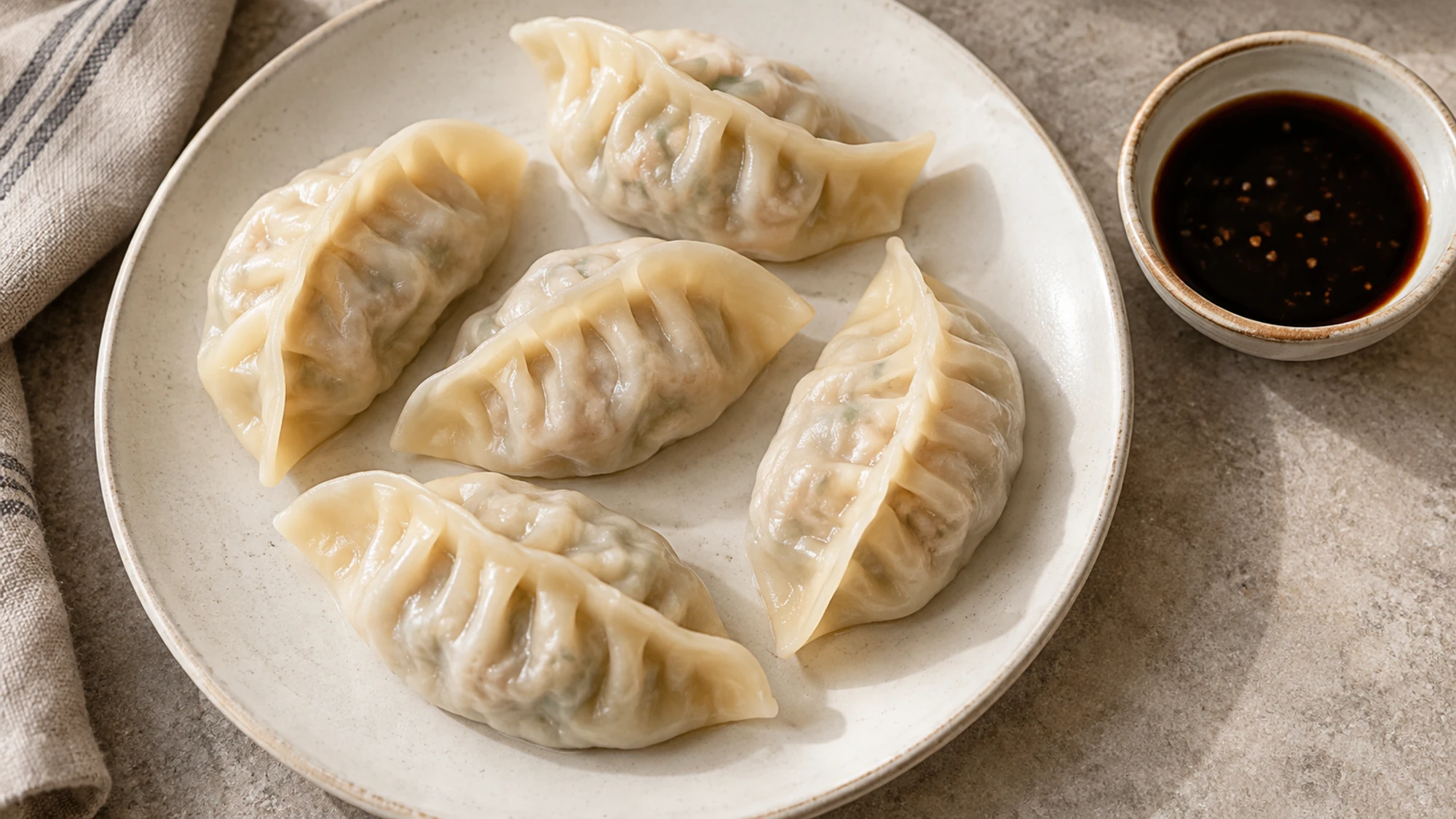Steamed crescent dumplings on an ivory plate beside soy-vinegar dipping sauce.