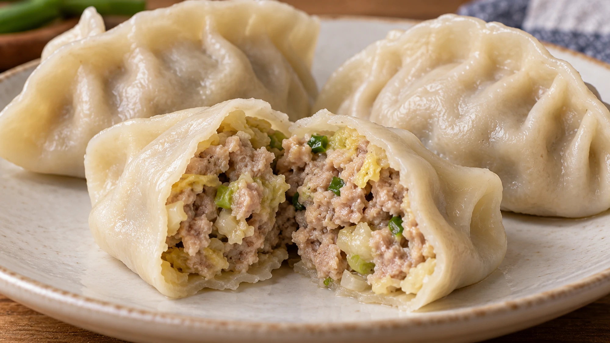 Cut steamed dumpling revealing a cooked pork, cabbage and scallion filling.