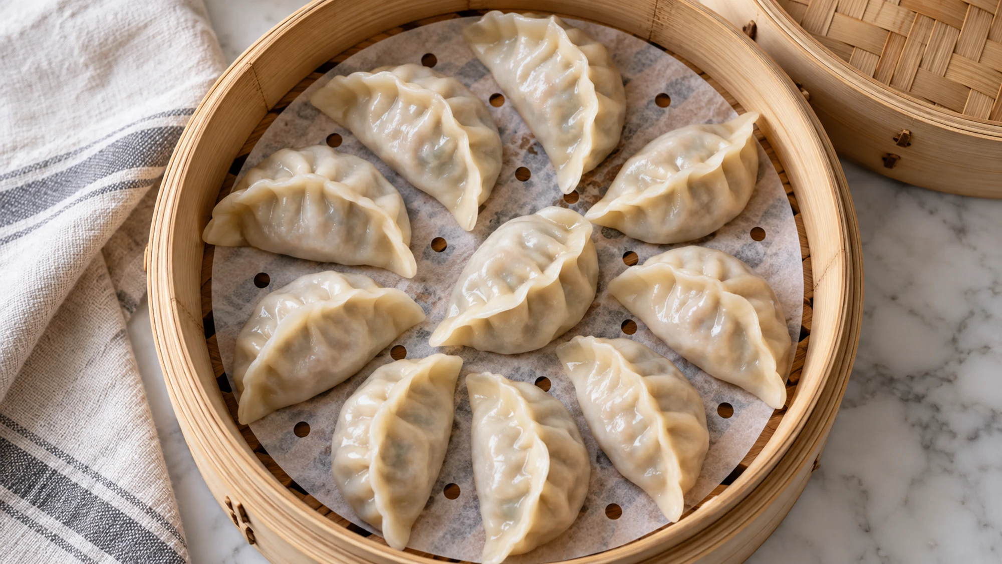 Overhead view of pale steamed dumplings spaced on a parchment-lined bamboo steamer.
