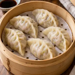 Square view of tender pleated steamed pork dumplings in a bamboo basket.