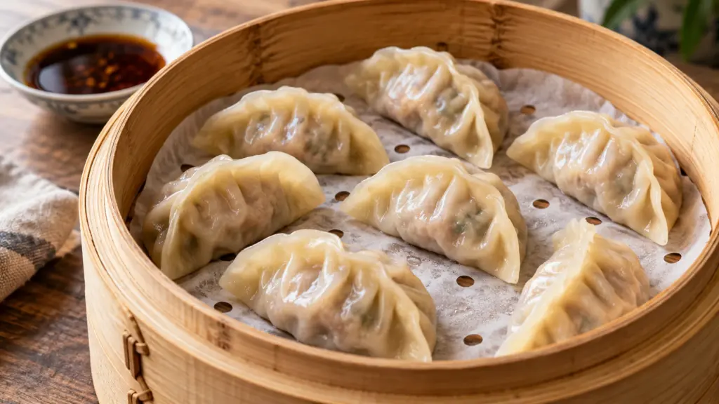 Pleated steamed pork and cabbage dumplings on parchment in a bamboo steamer.