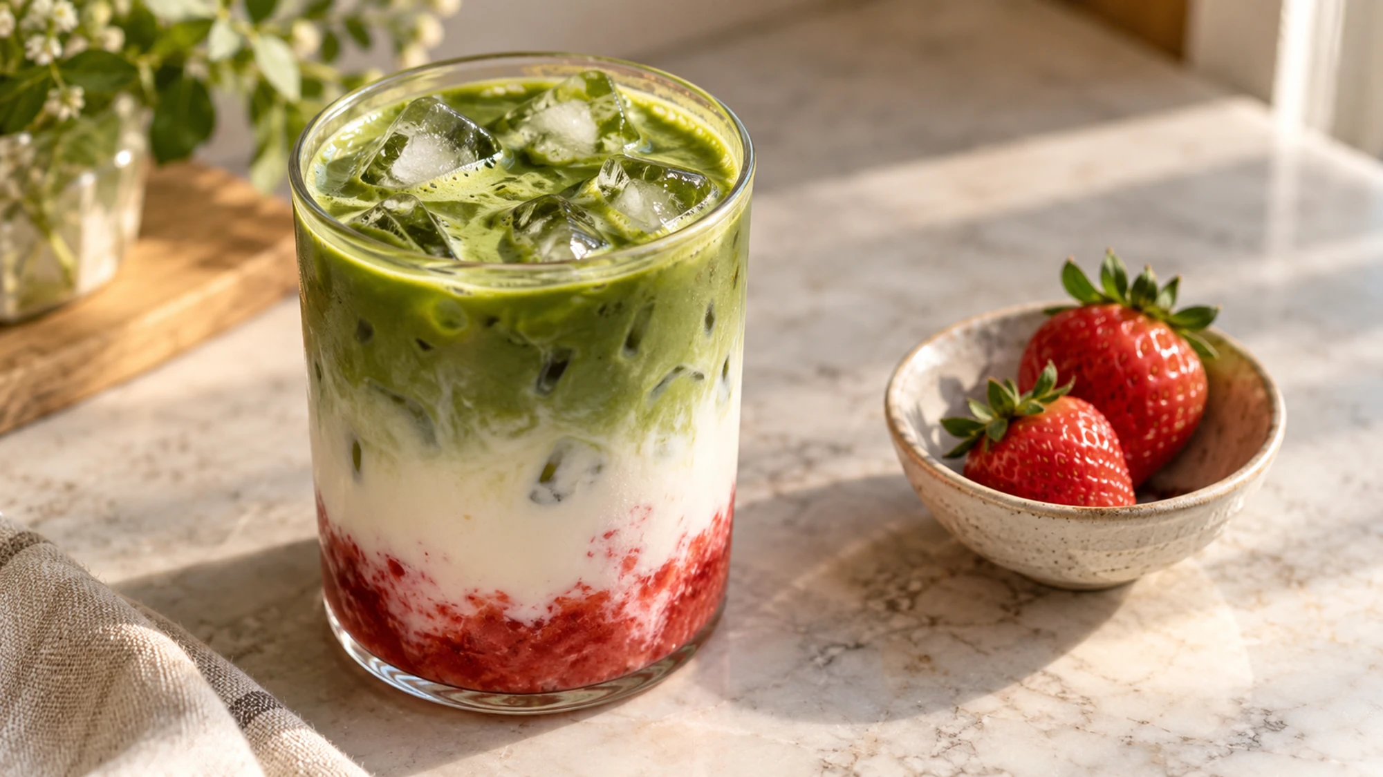 High-angle view of layered strawberry matcha latte and ice beside fresh strawberries.