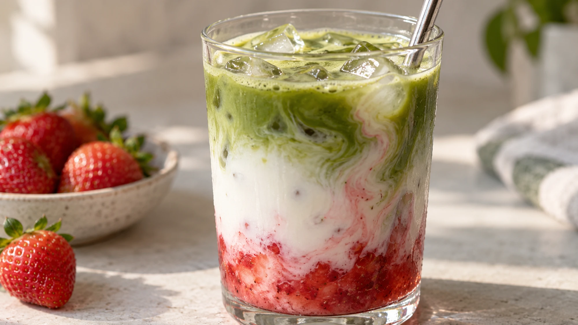 Strawberry, milk and matcha beginning to swirl around a spoon in a clear glass.