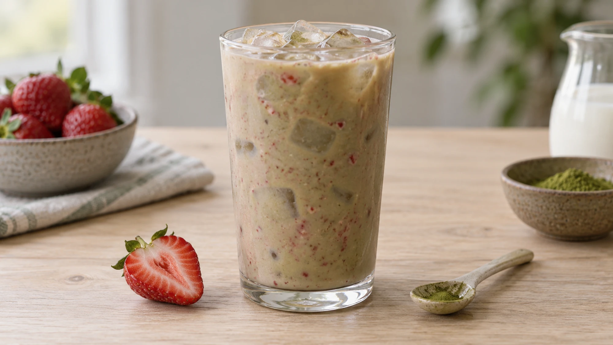 Fully stirred iced strawberry matcha latte with a muted color and strawberry flecks.