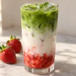 Square view of a layered iced strawberry matcha latte in a clear tumbler.