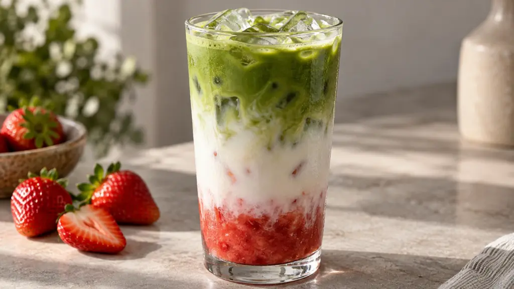 Iced strawberry matcha latte with red fruit, white milk and green tea layers.