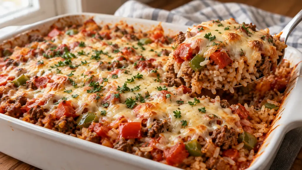 Spoon lifting a serving of stuffed pepper casserole with beef, rice, diced red and green peppers and melted mozzarella.