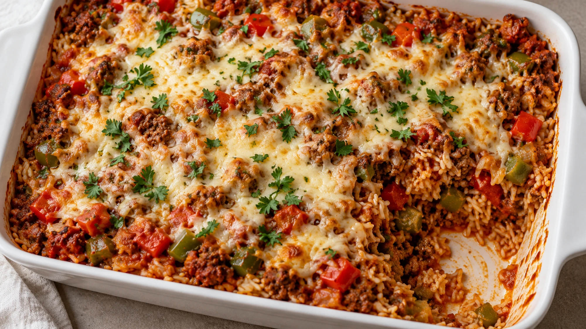 Stuffed pepper casserole with beef, white rice, red and green pepper pieces and melted mozzarella in a baking dish.