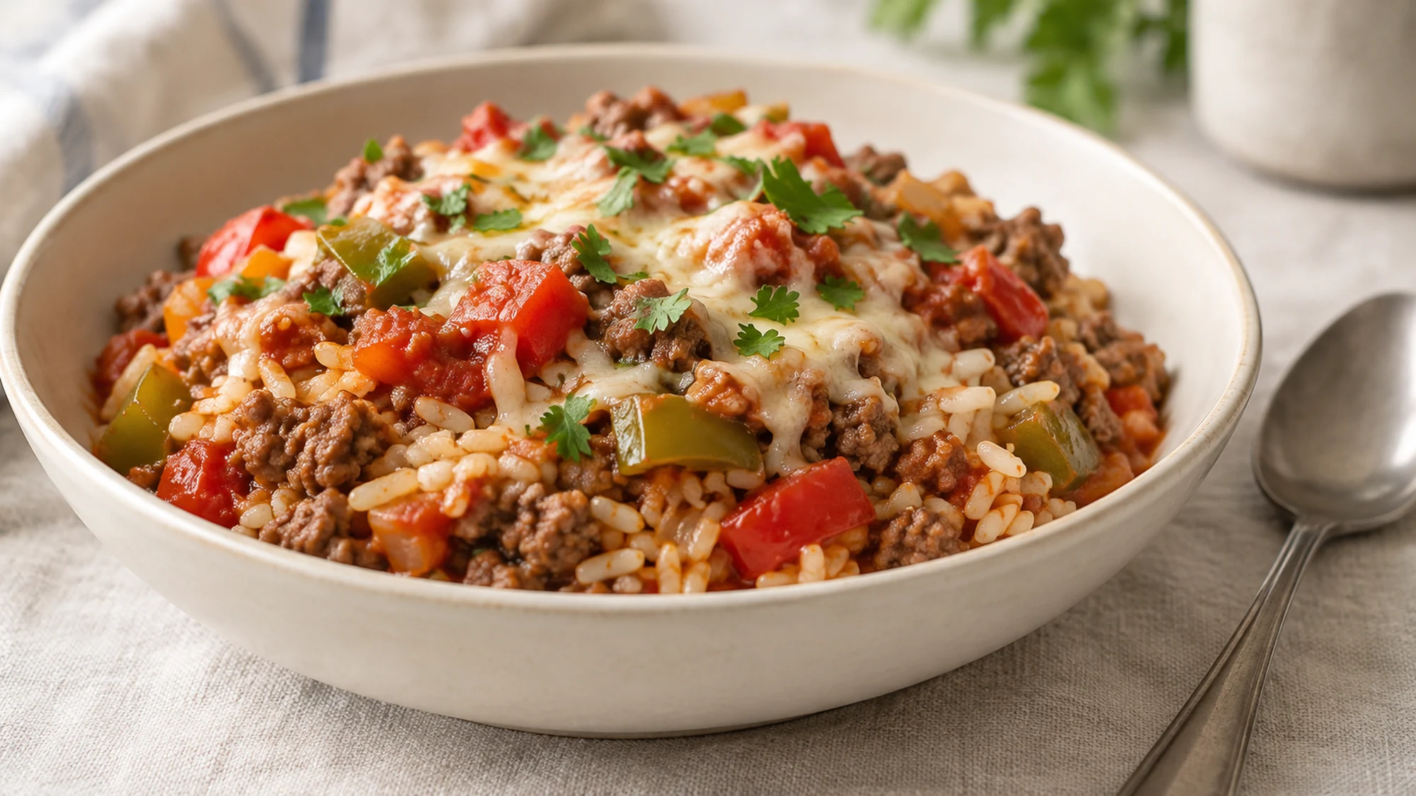 Bowl of stuffed pepper casserole showing distinct rice grains, ground beef, tomato sauce and diced peppers.